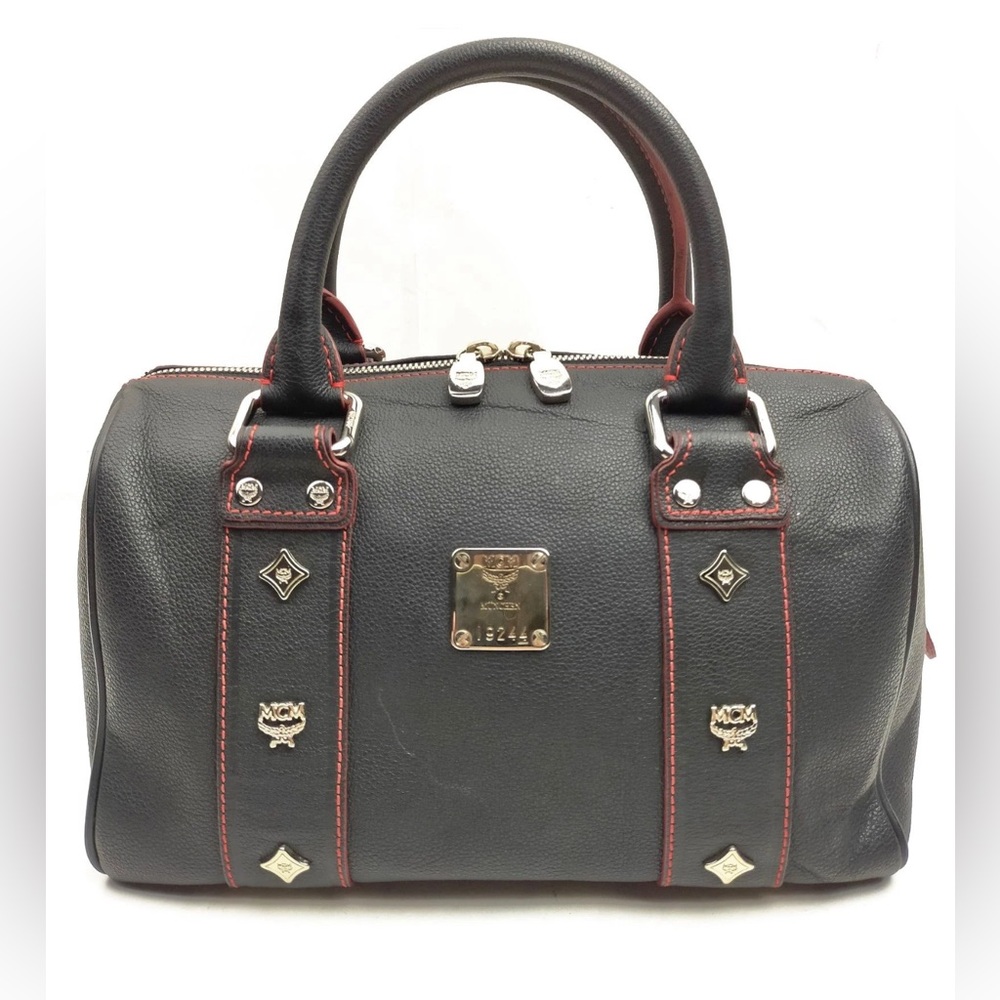 MCM Black Handbag with Red Trim MCM Hand Bag  Black Leather Authentic